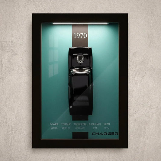 classic 1970 Charger model 3D Car Frame Wall Art – Wooden Display Frame with Removable Die-cast Cars