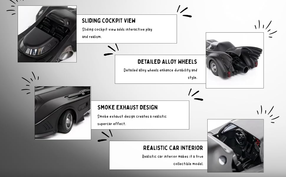 Diecast Black Batman Car 1/24 Scale Model, Pull Back Vehicle Alloy Simulation Supercar