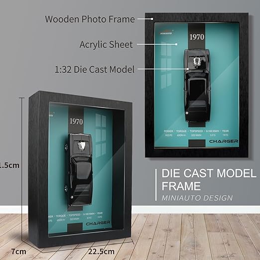 classic 1970 Charger model 3D Car Frame Wall Art – Wooden Display Frame with Removable Die-cast Cars