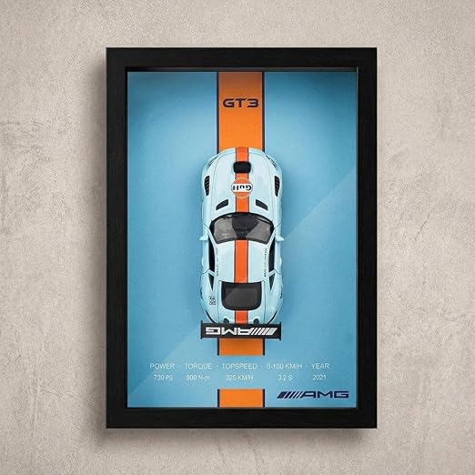 GT3 3D Car Frame Wall Art,  Wooden Display Frame with Removable Die-cast Car